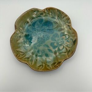 Pier 1 Imports Floral Crackle Glaze  Blue & Green Pottery Candle Holder Dish 6”